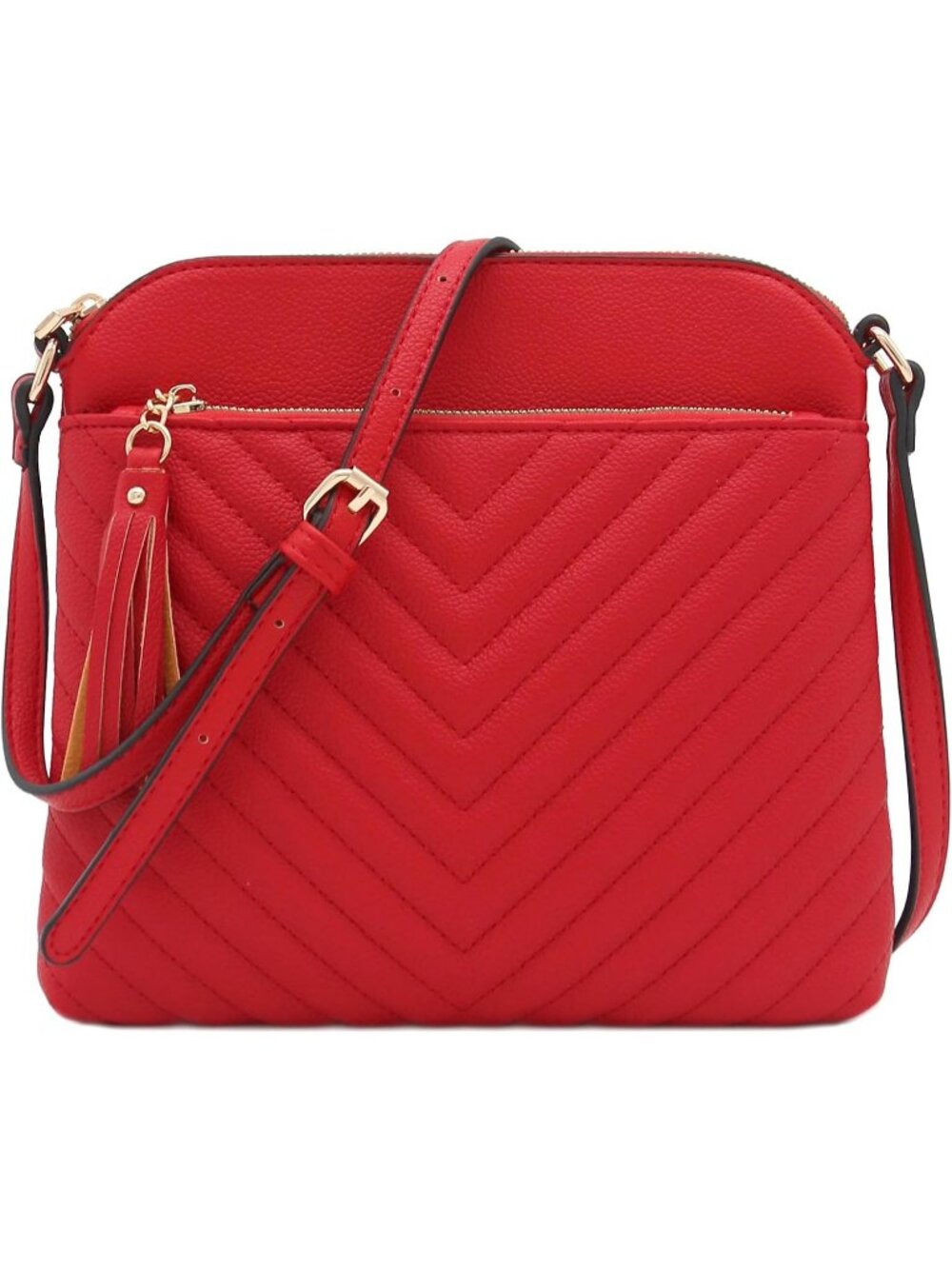 Women's Red Chevron Quilted Medium Tassel Accent Shoulder Crossbody Bag